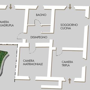 Planimetria dell'appartamento e evidenziazione della parte di giardino riservata
