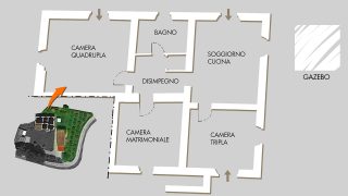 Floor plan of the apartment, with the private part of the garden highlighted