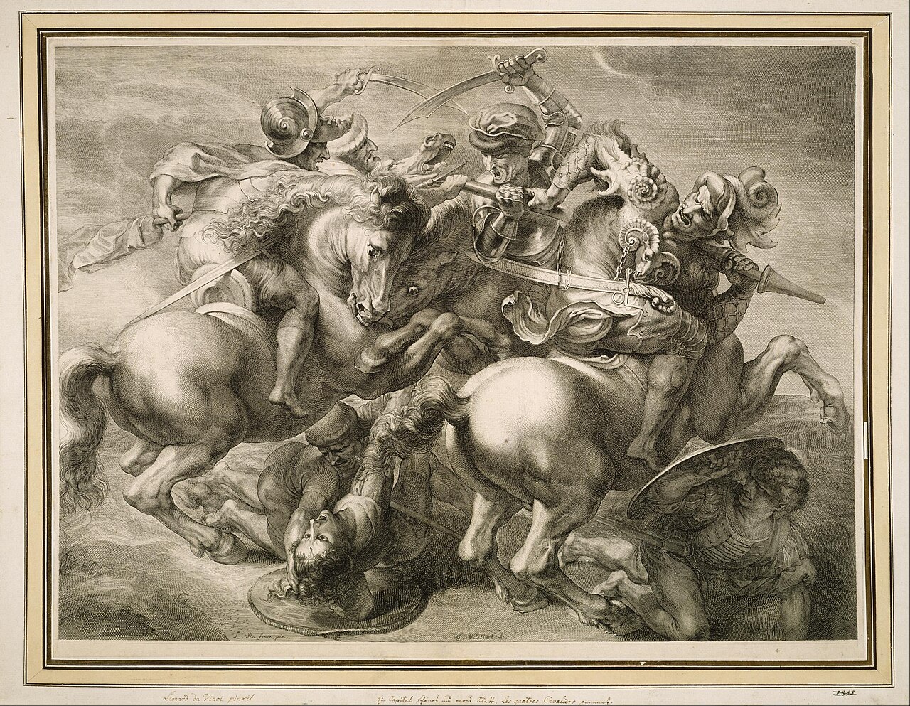 La Battaglia di Anghiari, incisione di Gérard Edelinck dalla lotta per lo stendardo di Leonardo