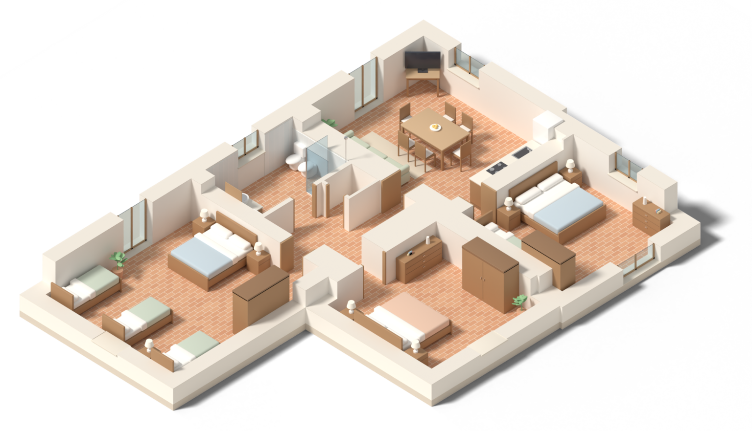 Axonometric cutaway of the Large Apartment with its rooms