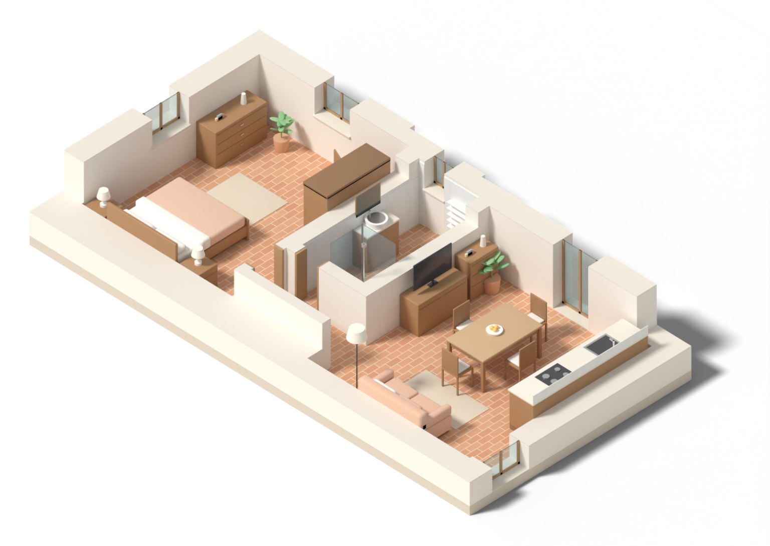 Axonometric cutaway of the Small Apartment with its rooms